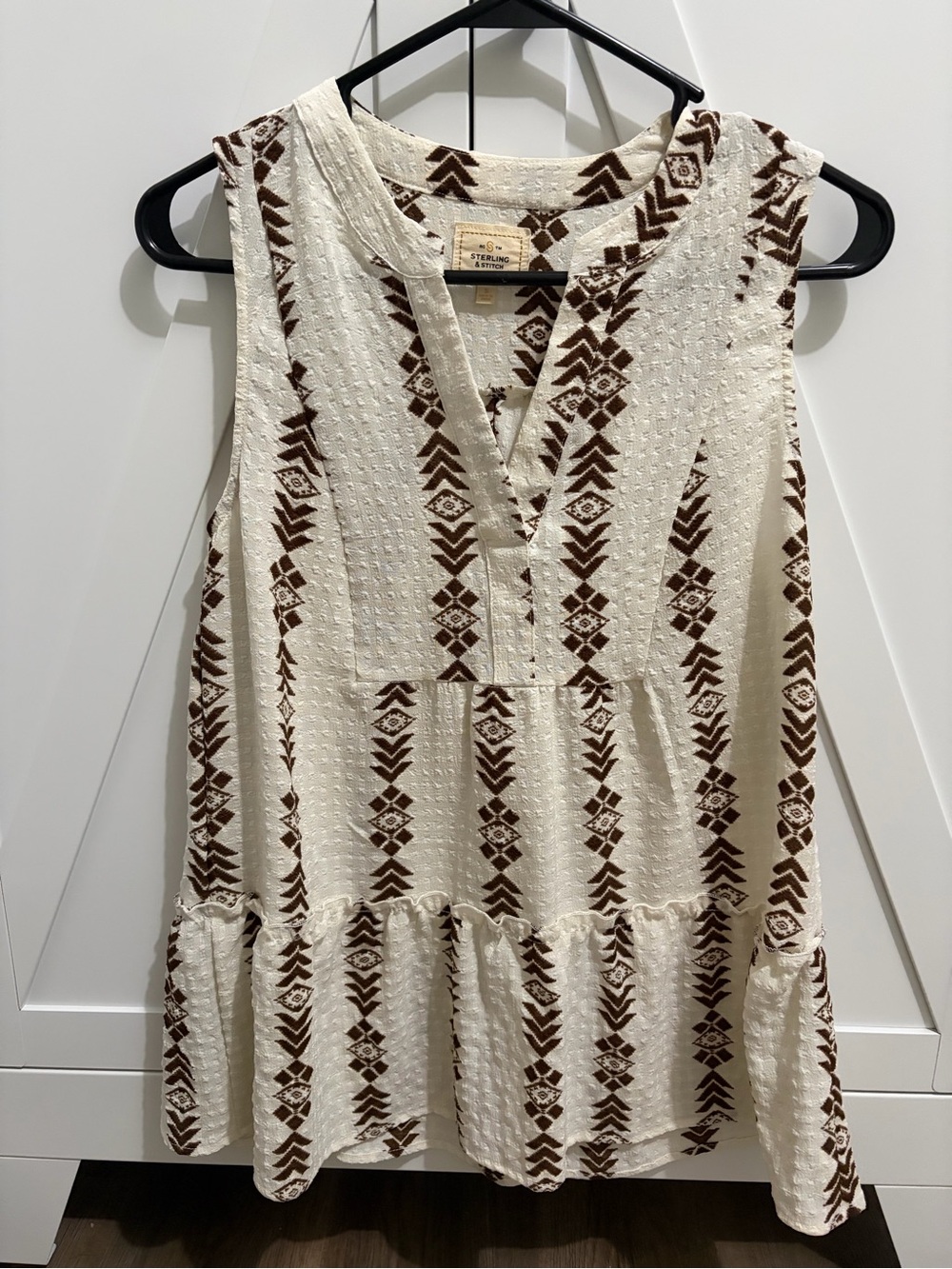 Sleeveless Cream and Brown Tribal Print Dress
